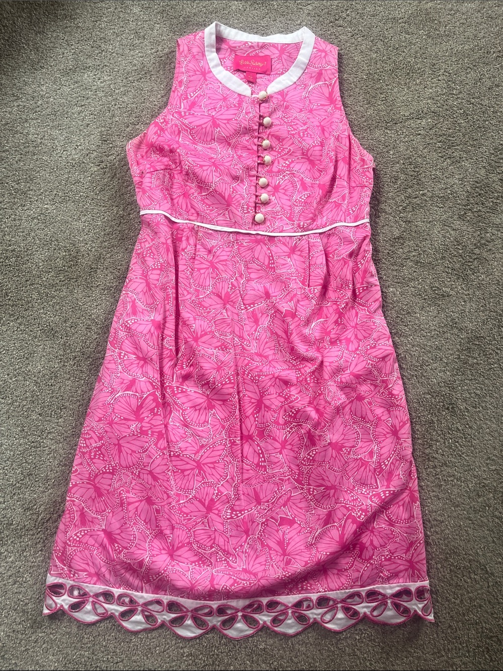 🌸🌸🌸Lilly Pulitzer Jubilee Pink Butterfly Dress Enamel Buttons Eyelet Trim sz6